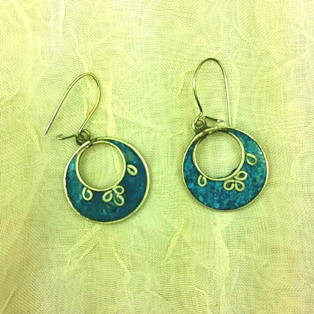 Genuine silver turquoise blue inlay hoop earrings pierced french hook clasp